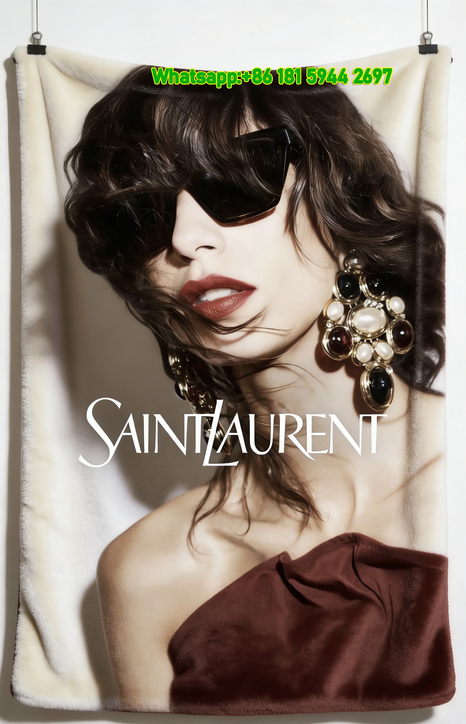 Yves Saint Laurent YSL Burgundy Red Lipstick Black Sunglasses Close Up Print Flannel Throw Blanket IMG_3293